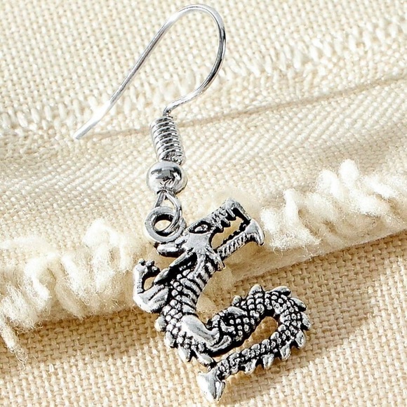 Any 2/$20! Antiqued Silver Dragon Drop Earrings - Picture 2 of 5
